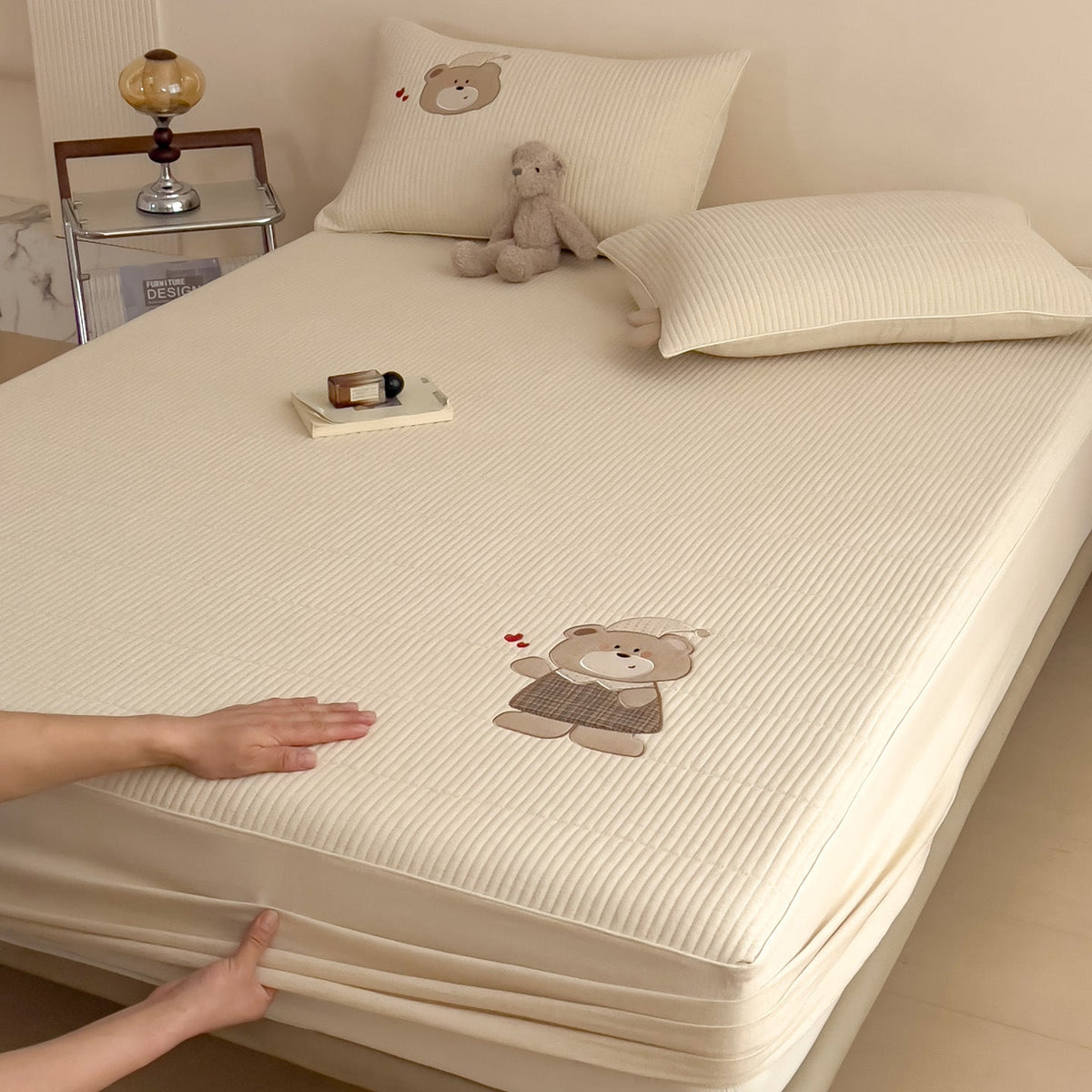 Quilted mattress topper with bunny applique and non-slip bottom — product view 2