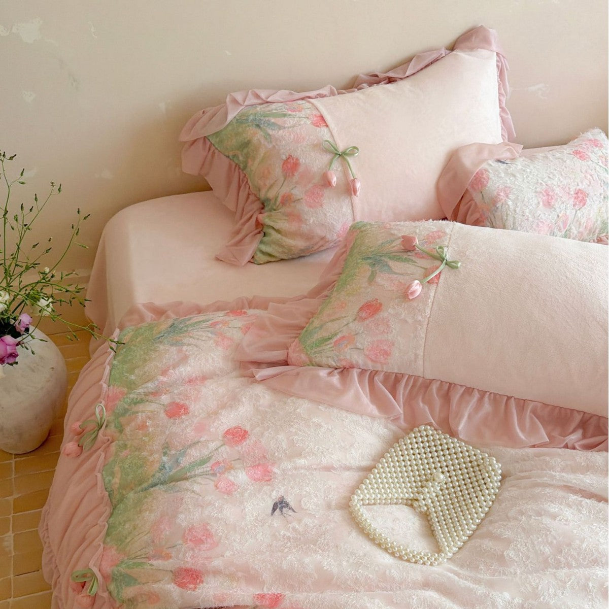 Playful shabby chic bedding set with tulip appliqués and ruffled border — product view 1