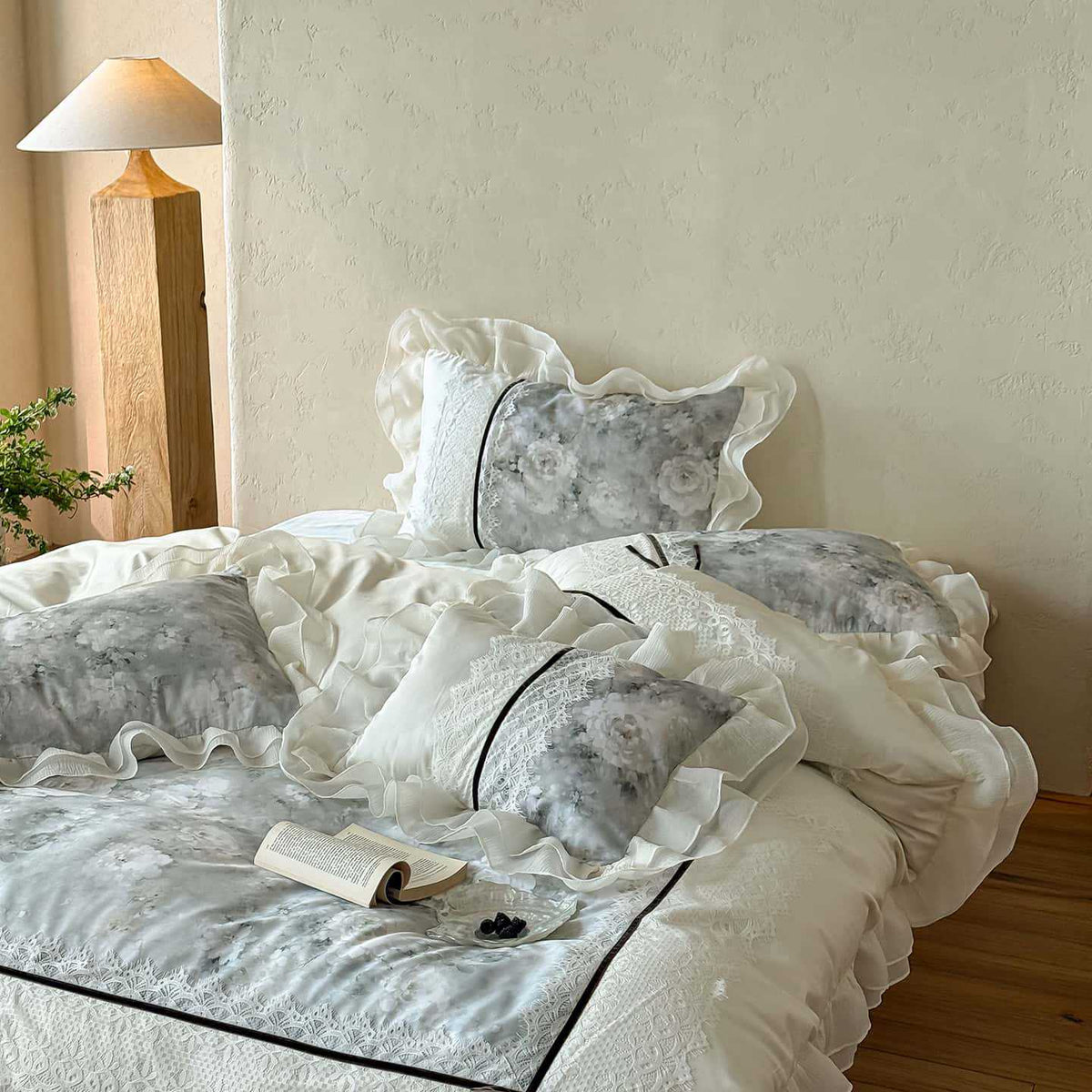 luxurious romantic bedding set with lace trim and ruffles — product view 2