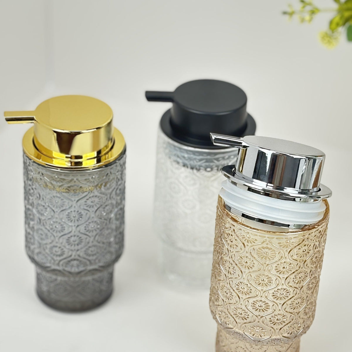 Embossed vintage glass vanity organizer set with pump dispenser and toothbrush cup LoungeYard — product view 5