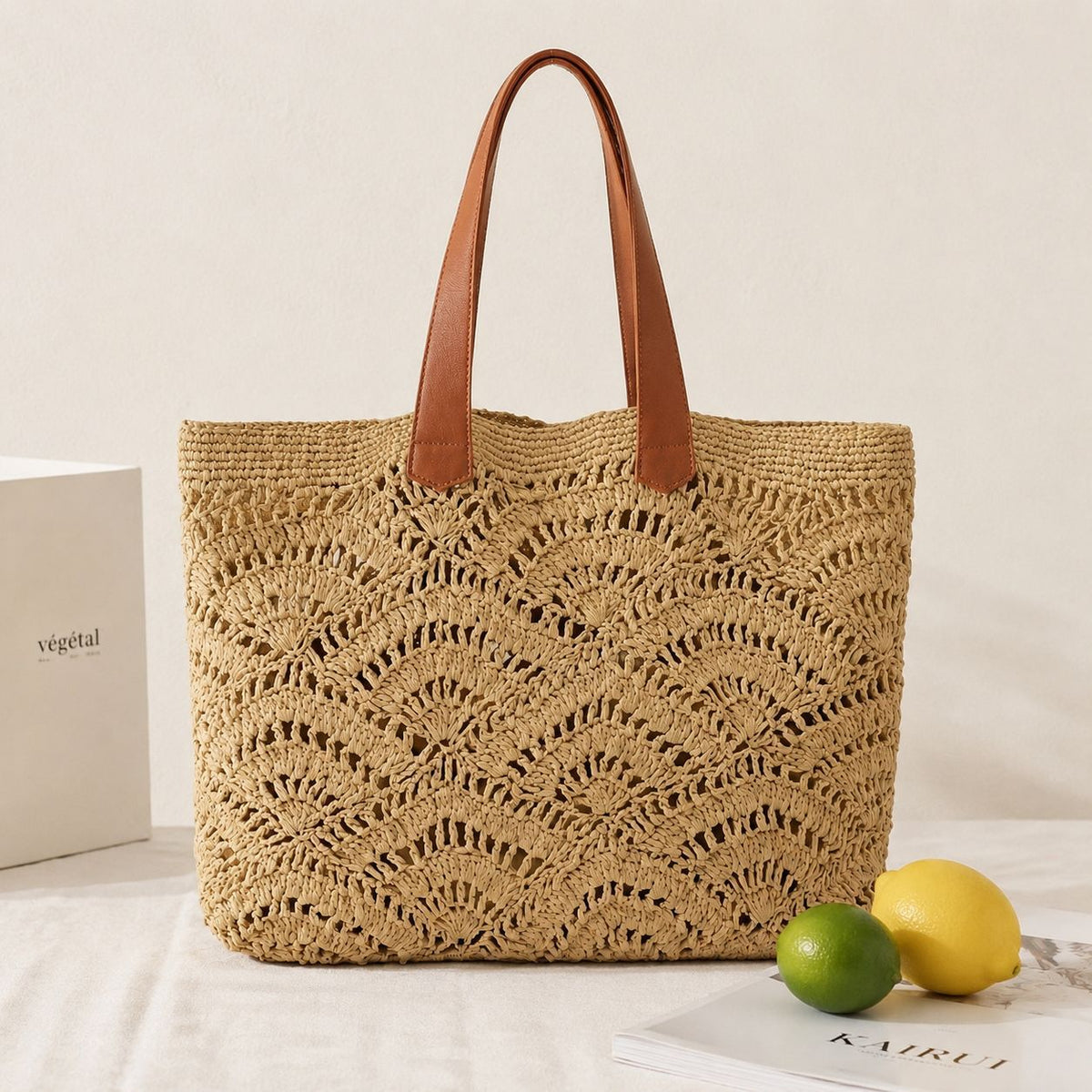Macrame Shopping Bag with Elegant Leather Handles LoungeYard — product view 3