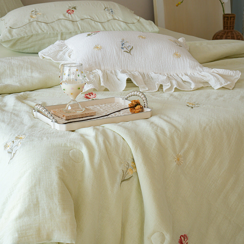 Light cotton gauze bedding set with fine floral embroidery and ruffle trim — product view 3