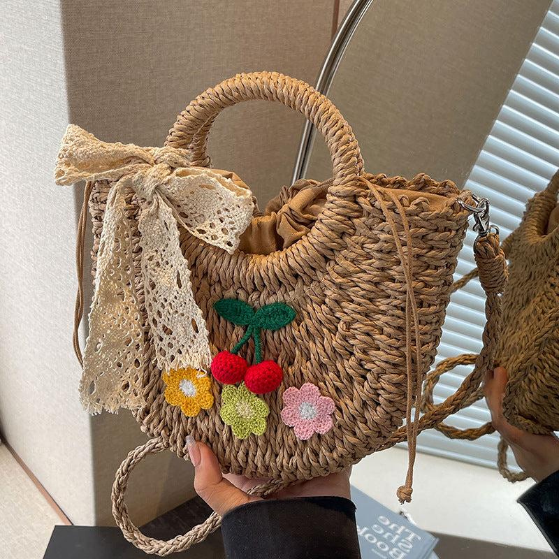 Handcrafted Floral Accent Straw Handbag — product view 7