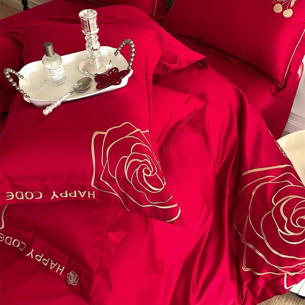 Luxurious cotton satin bedding set with rose embroidery — product view 2