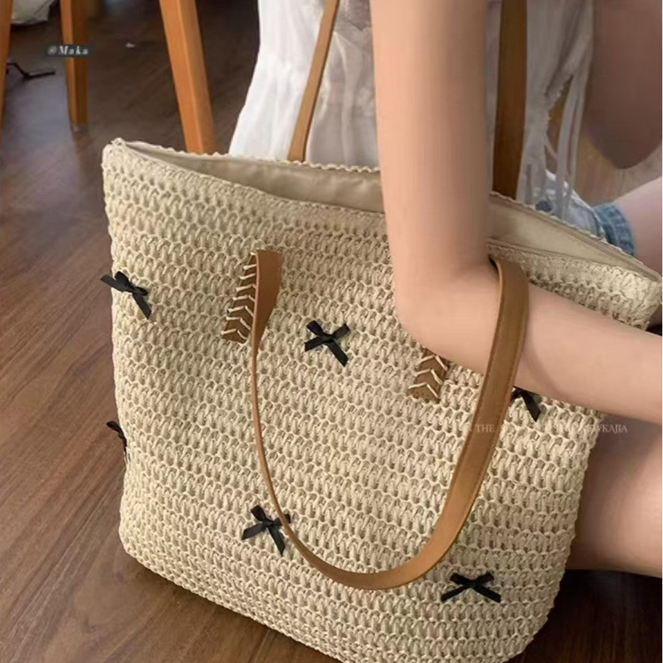 Braided Bast Bag with Decorative Bow Design LoungeYard — product view 3