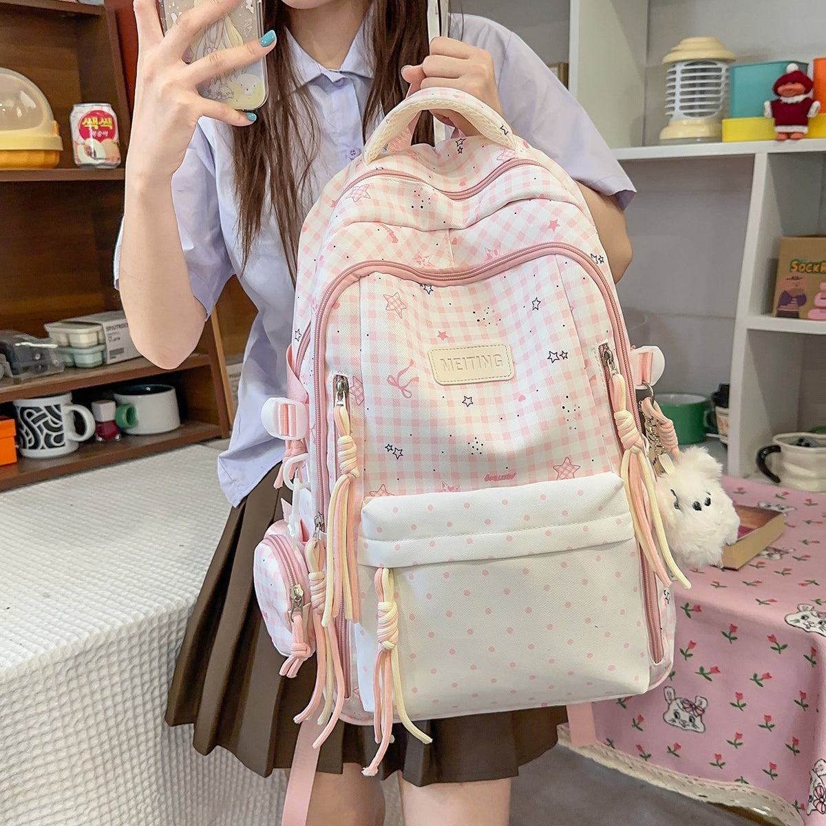 Decorative Plaid and Star Patterned Backpack LoungeYard — product view 1