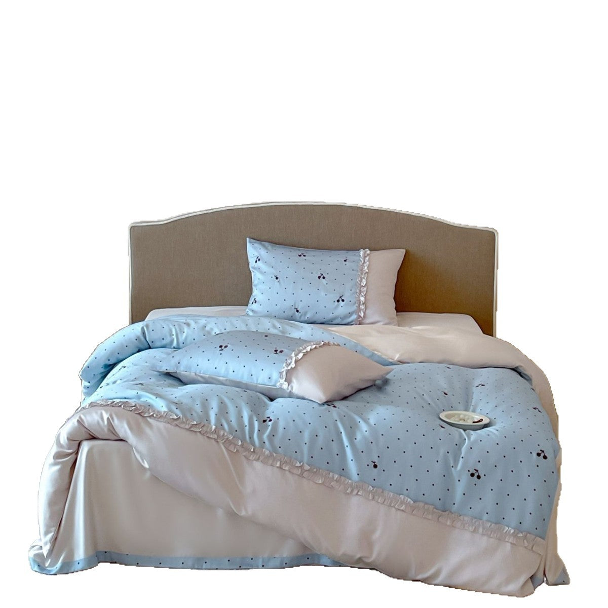 Satin bedding set with delicate ruffles and cherry pattern — product view 5