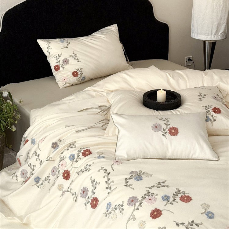 Luxurious satin bedding set with floral embroidery and pillowcases LoungeYard — product view 3