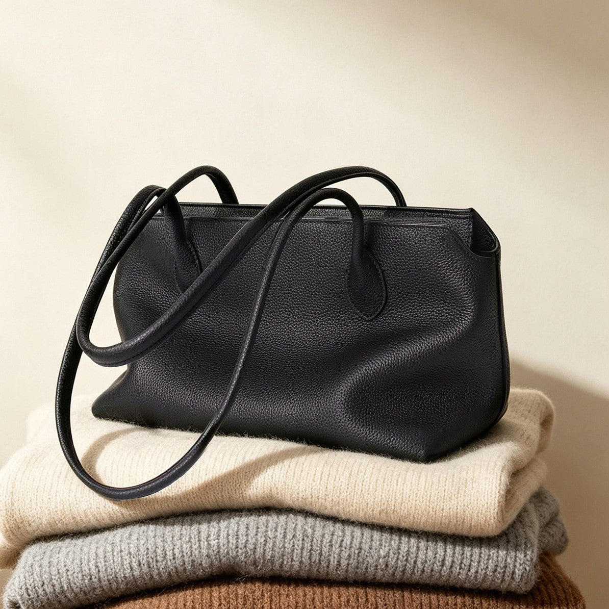 Slim Rectangular Pebbled Tote with Extended Shoulder Straps — product view 4
