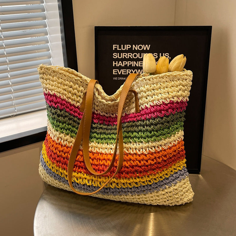Handmade beach bag with colorful striped pattern LoungeYard — product view 1
