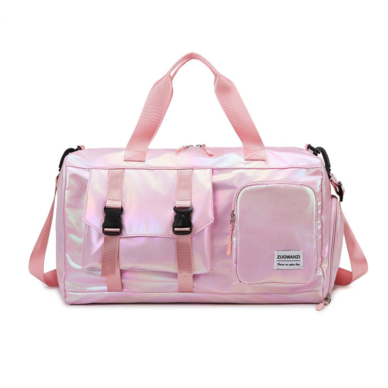 Fashionable travel bag with holographic surface and practical compartments LoungeYard — product view 1
