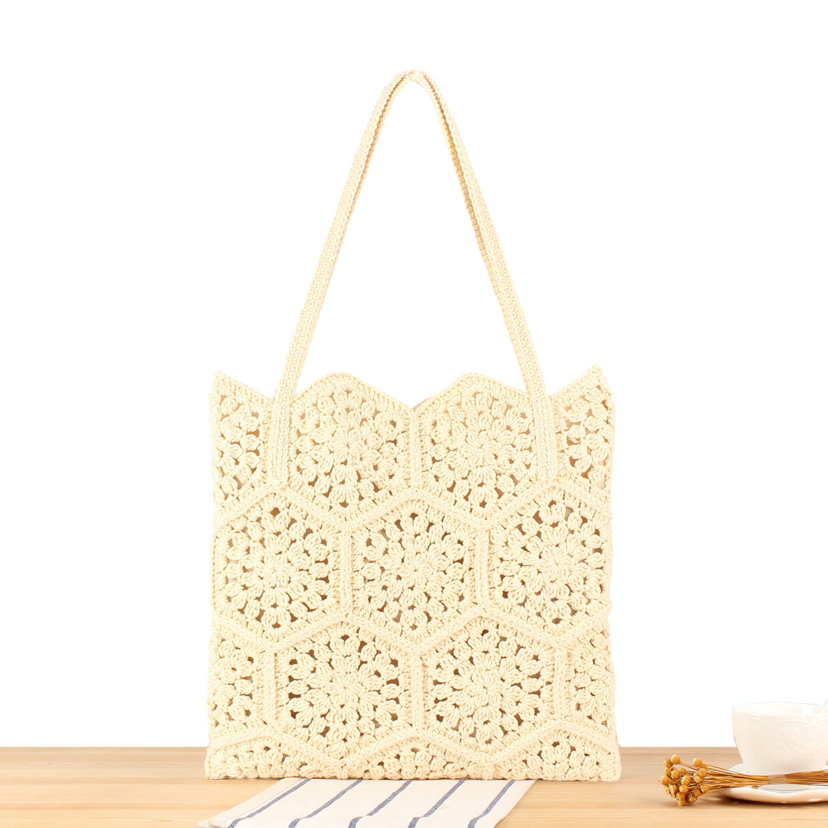 Handcrafted macrame tote bag with unique honeycomb pattern LoungeYard — product view 1