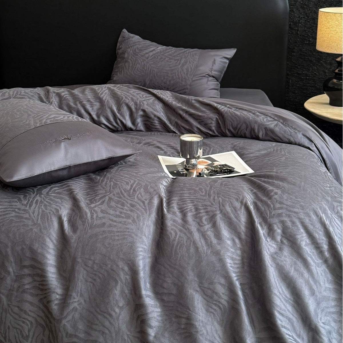 Cotton satin duvet cover set with subtle zebra jacquard texture LoungeYard — product view 1