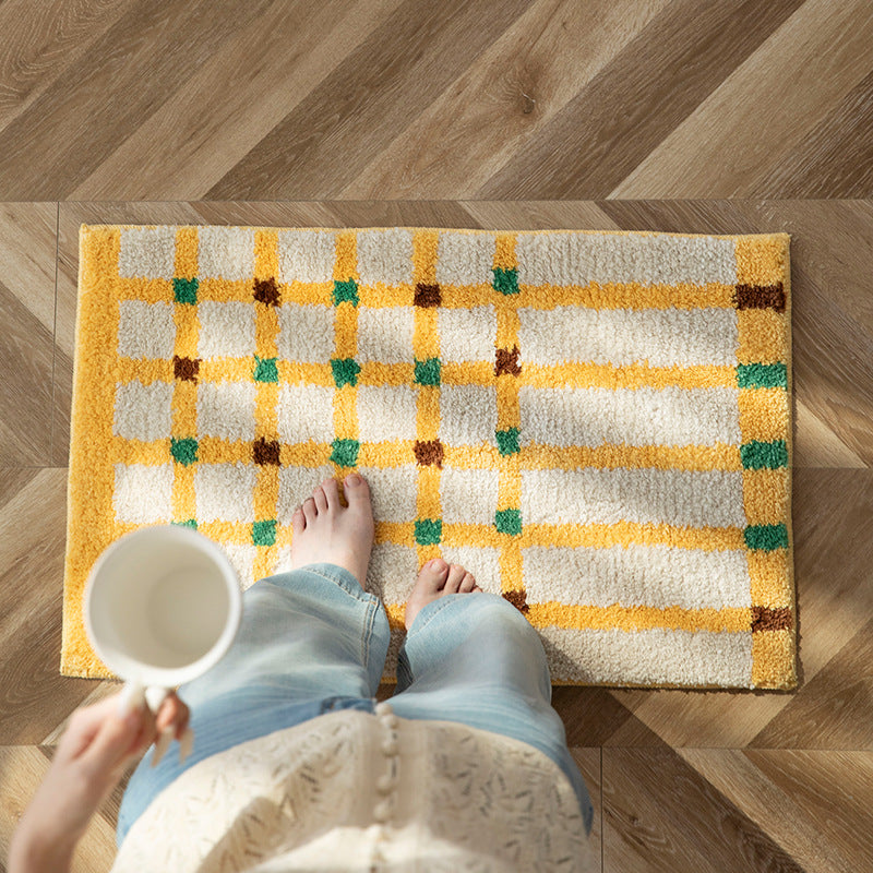 Soft runner bath mat with geometric checkered pattern and non-slip underside LoungeYard — product view 2