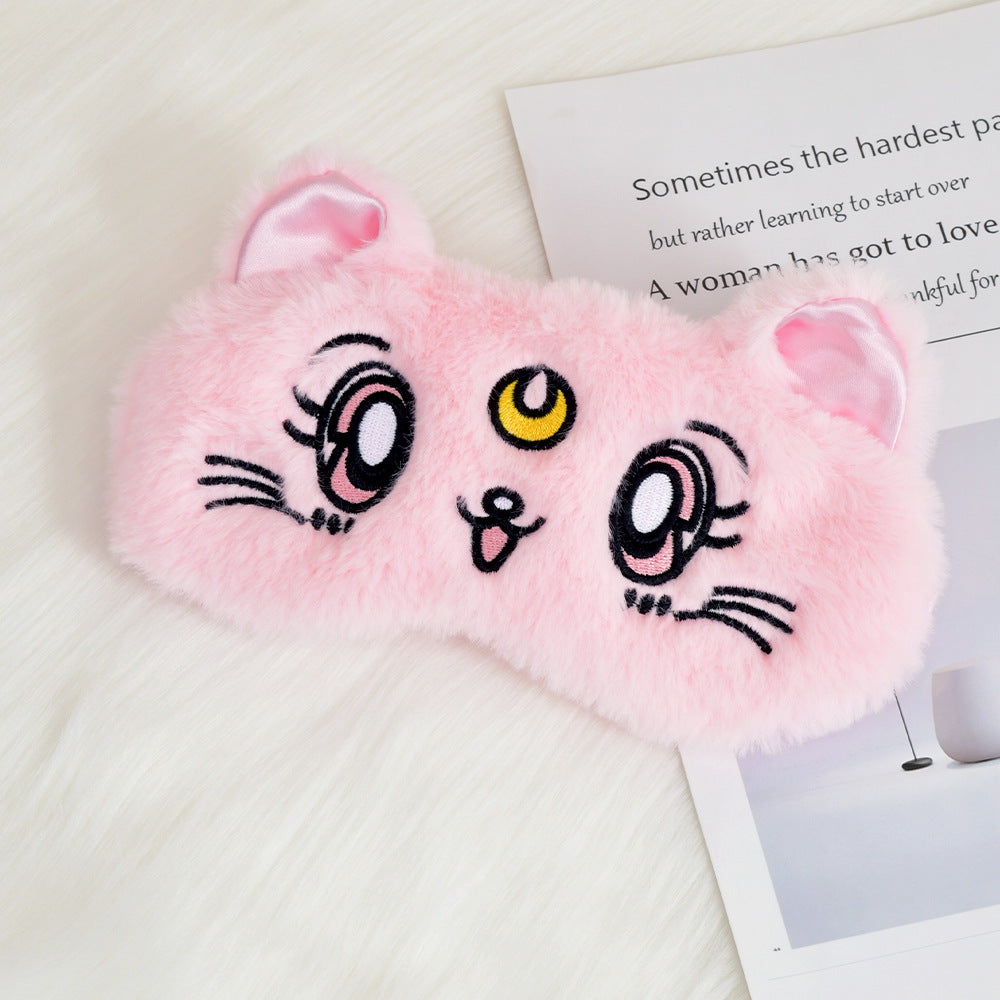 Women's fluffy sleep mask with embroidered cat design and soft comfort ears LoungeYard — product view 2