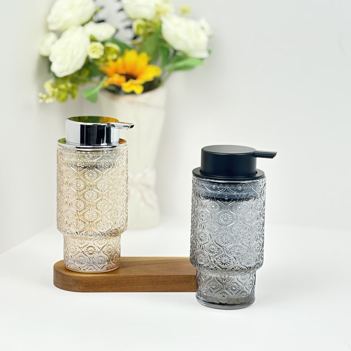Embossed vintage glass vanity organizer set with pump dispenser and toothbrush cup LoungeYard — product view 3
