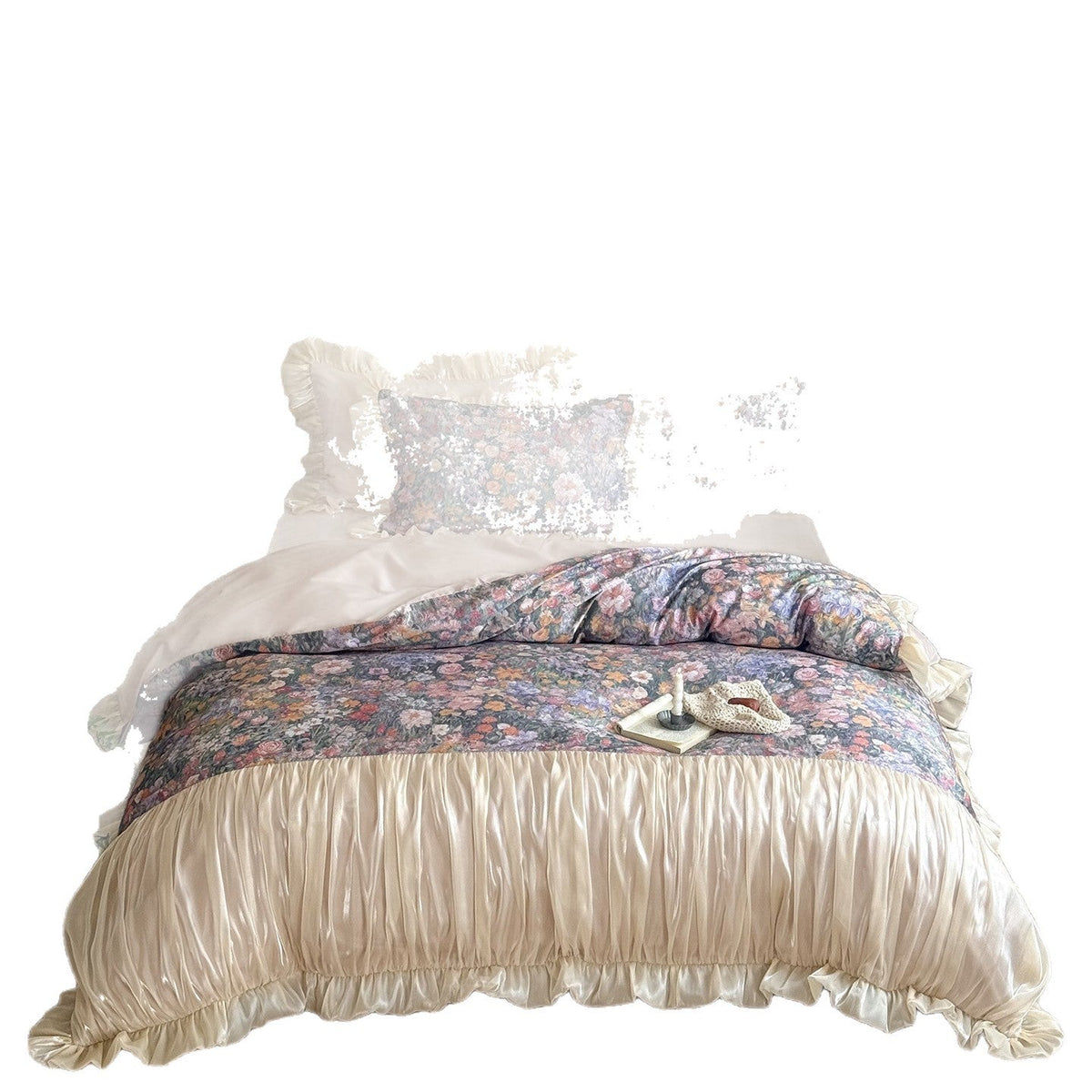 Romantic bedding set with floral center panel and pleated satin ruffle — product view 5