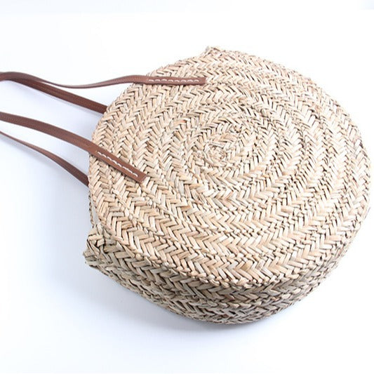 Braided straw beach bag with elegant leather handles LoungeYard — product view 3