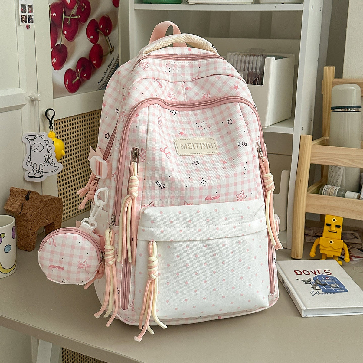 Decorative Plaid and Star Patterned Backpack LoungeYard — product view 7