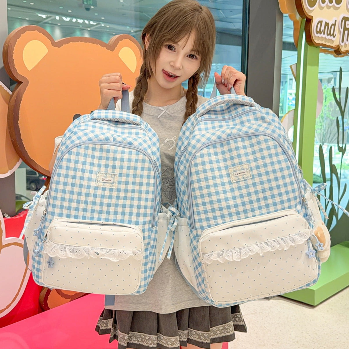 Playful Gingham Patterned School Backpack LoungeYard — product view 1