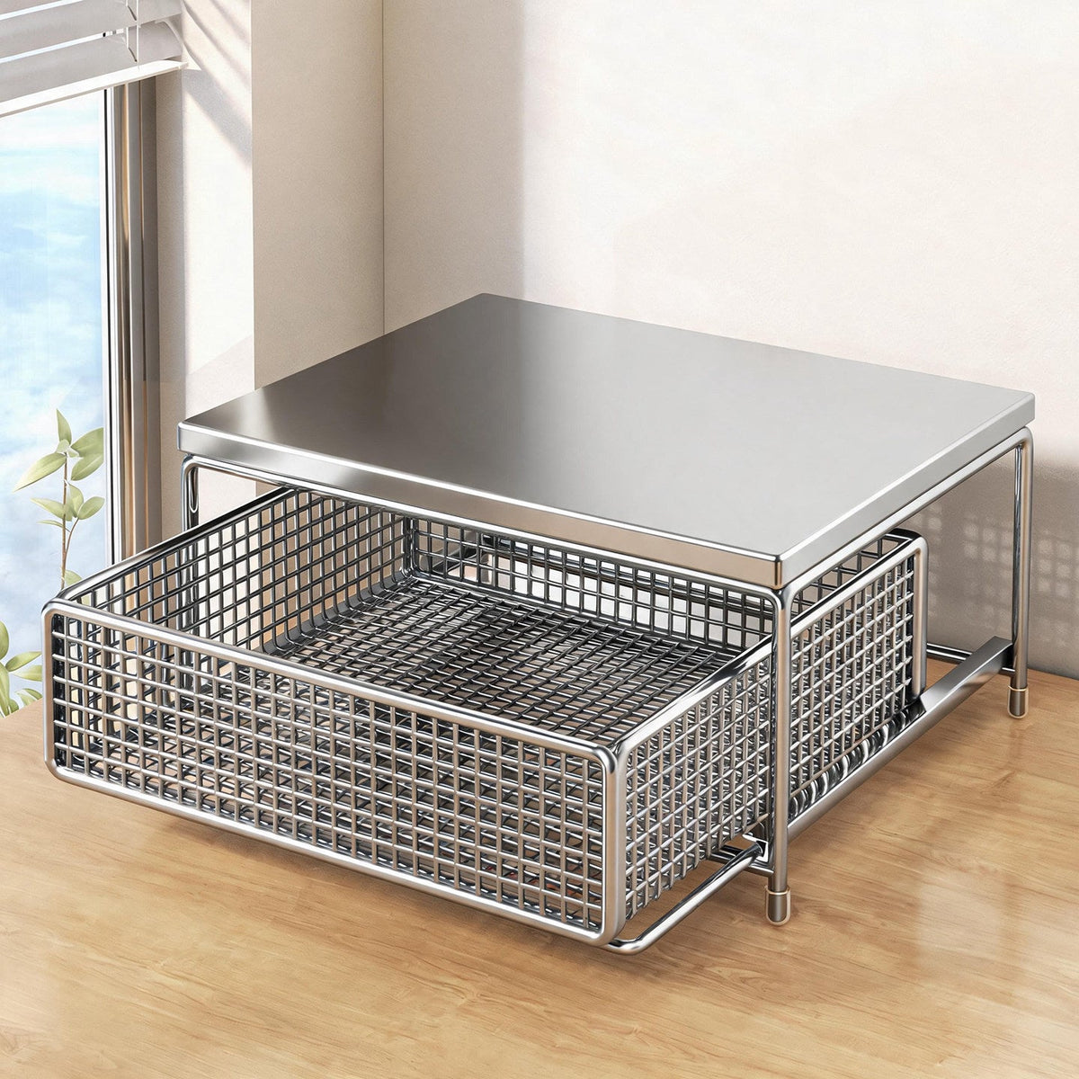 Countertop Wooden-Top Sliding Mesh Storage Basket Organizer with Metal Frame — product view 1