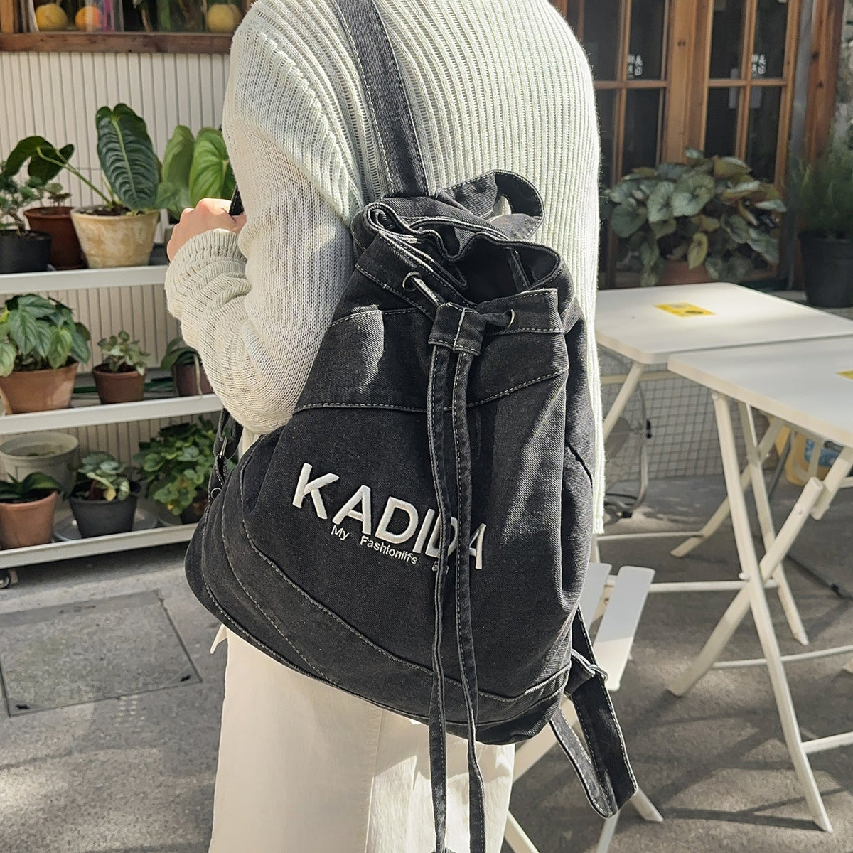 Casual Drawstring Denim Backpack LoungeYard — product view 2