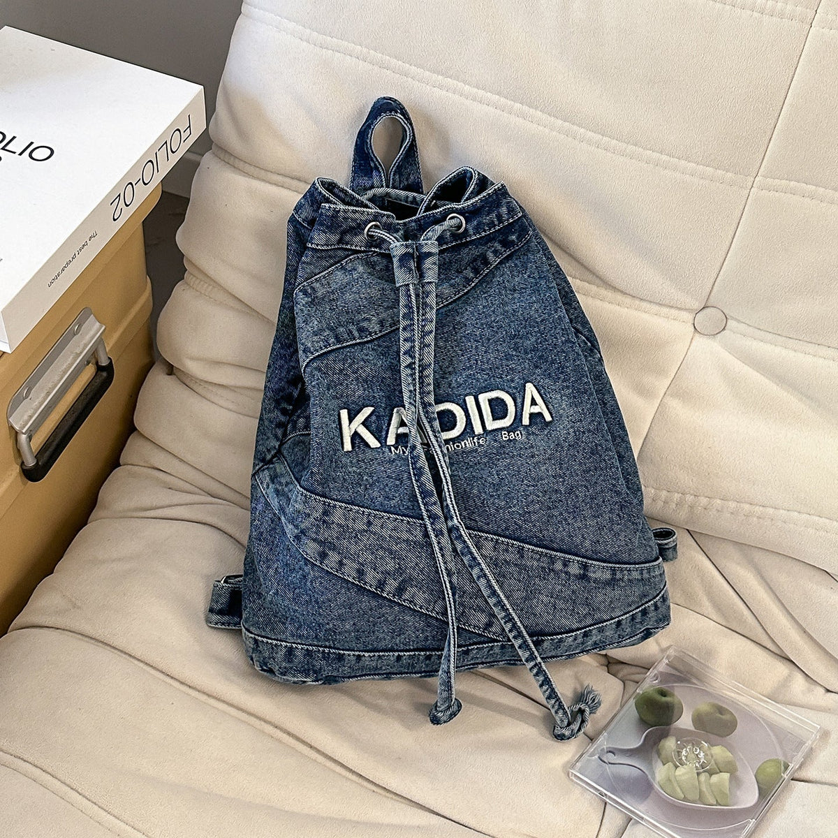 Casual Drawstring Denim Backpack LoungeYard — product view 7