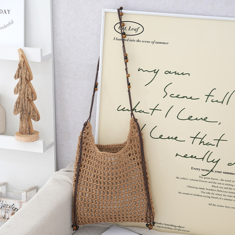 Handmade net tote bag with wooden accents LoungeYard — product view 5