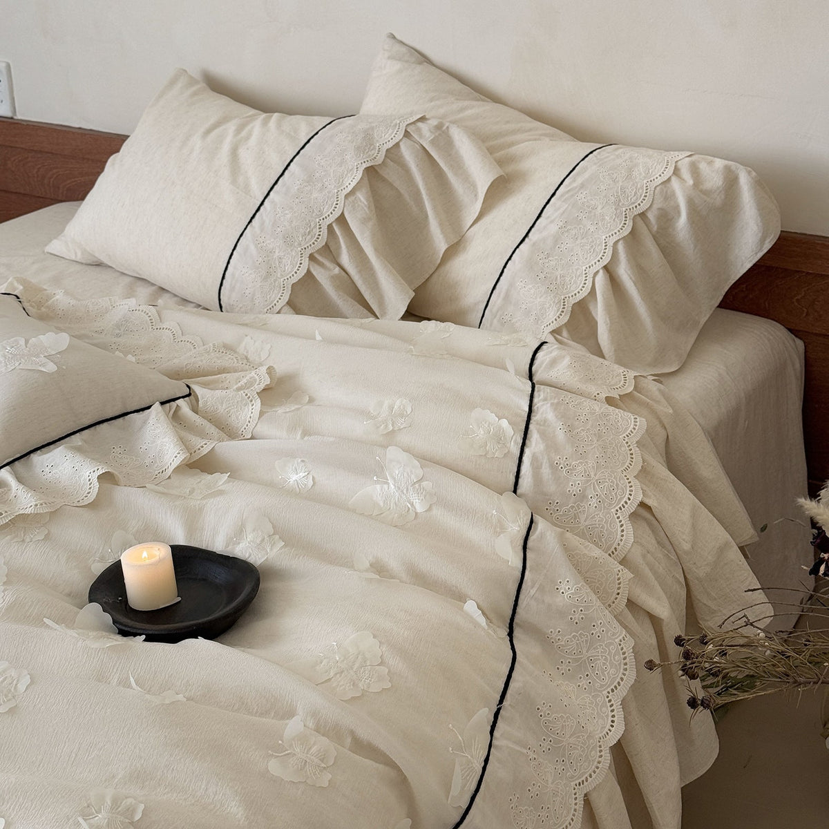 Romantic cotton bedding set with embroidery, lace frill, and fine piping — product view 4