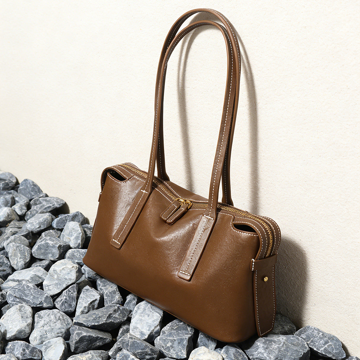 Structured Rectangular Shoulder Tote with Long Double Handles and Top Zip — product view 1