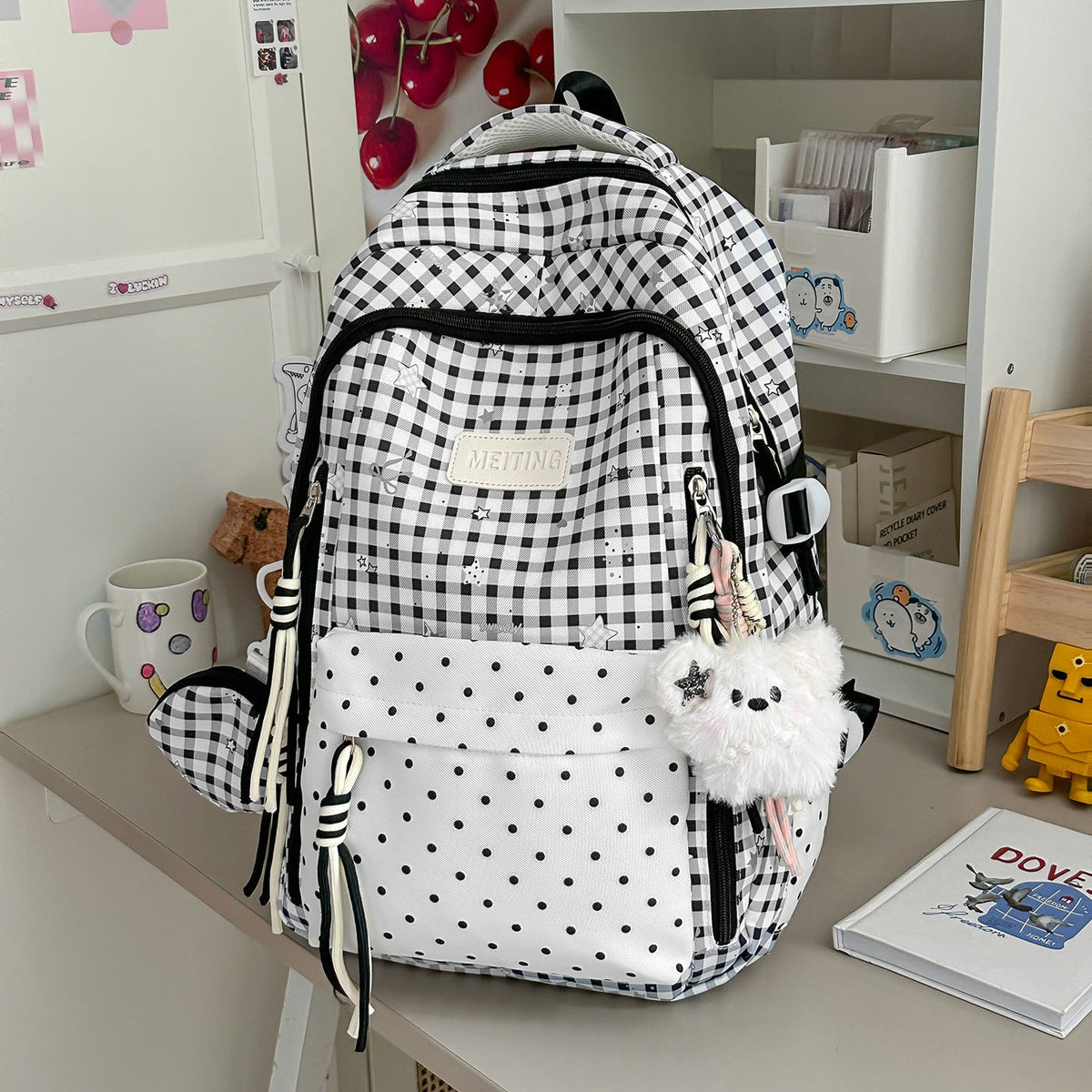 Decorative Plaid and Star Patterned Backpack LoungeYard — product view 6