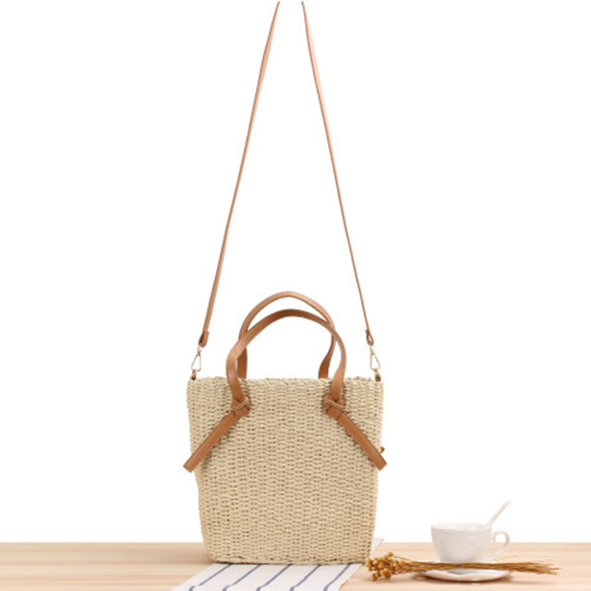 Handbag Made of Braided Natural Material with Removable Leather Handles LoungeYard — product view 1
