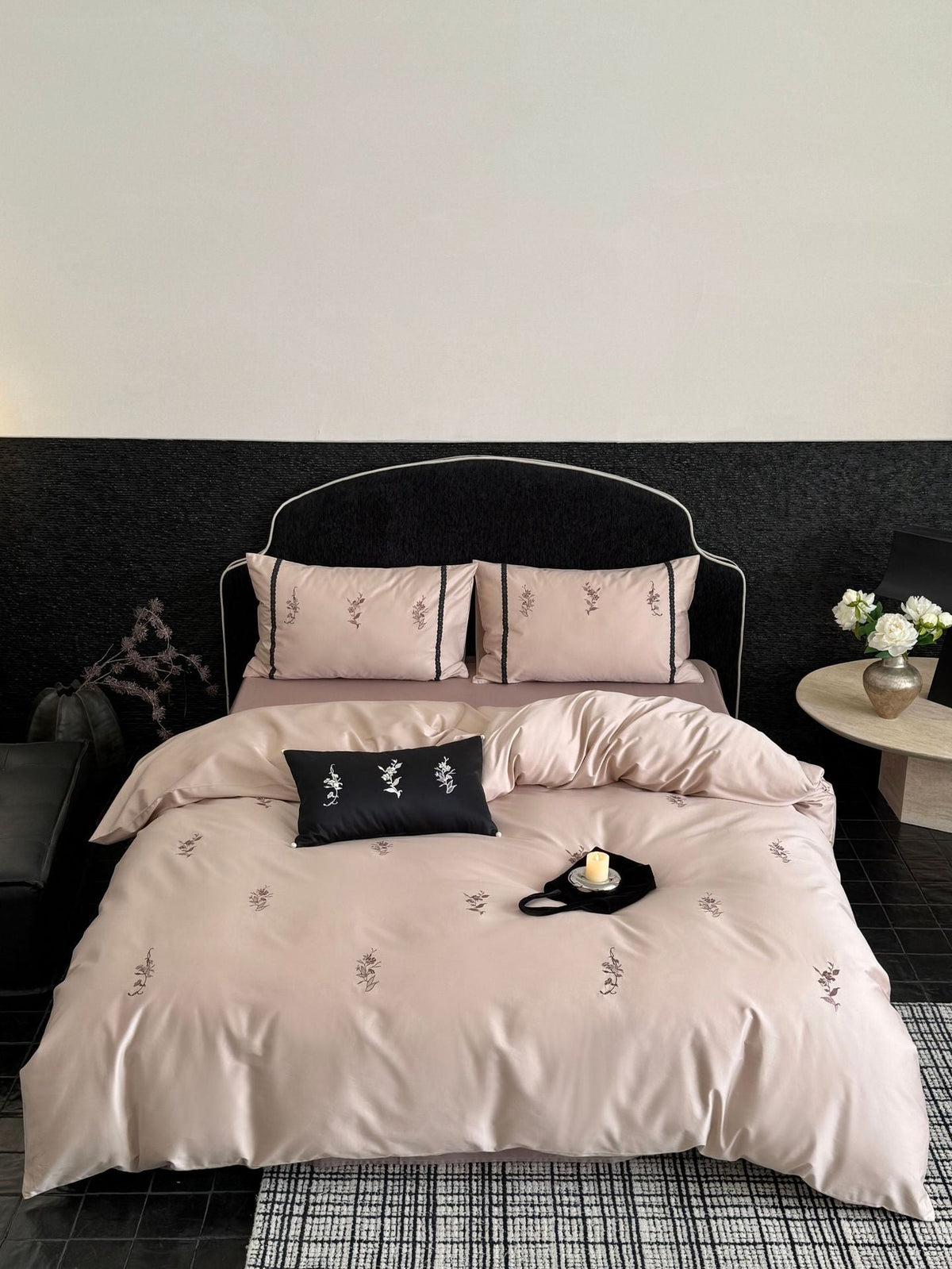 Luxurious satin bed linen set with fine floral embroidery LoungeYard — product view 6