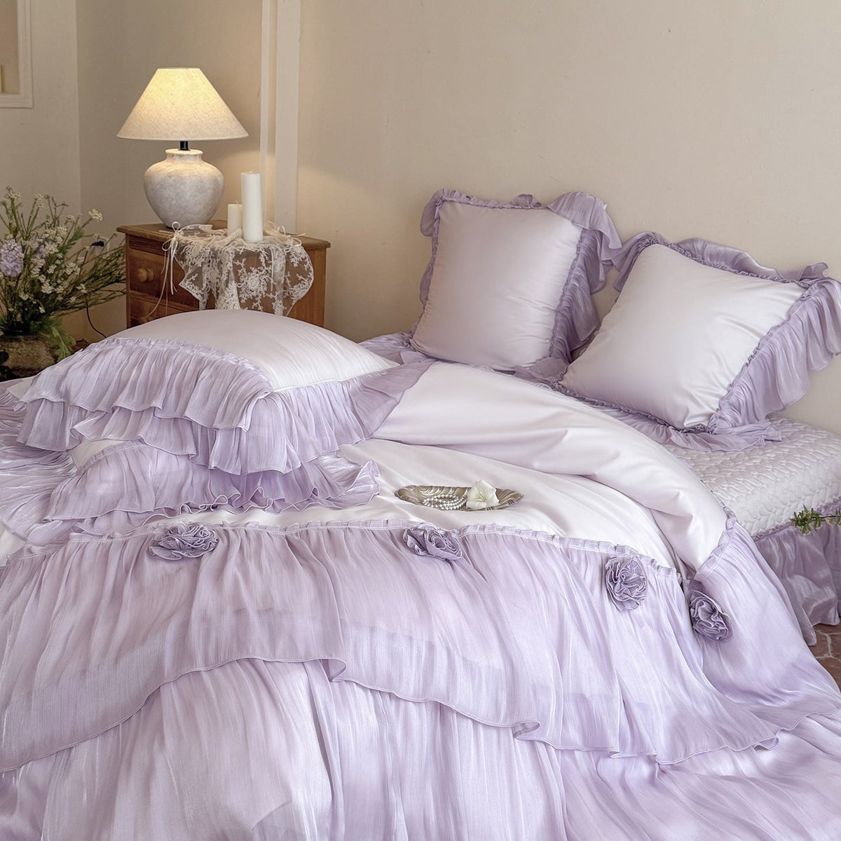 Romantic satin bedding set with layered ruffles and rose appliqués — product view 3