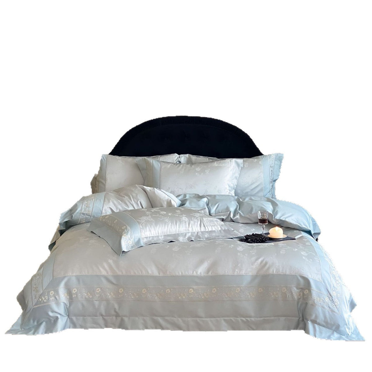 Finest satin bed linen set with delicate jacquard floral trim and pleated finish LoungeYard — product view 4