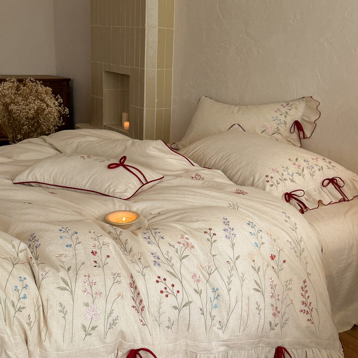 Luxurious linen bedding set with hand-embroidered bamboo and bird motif LoungeYard — product view 1