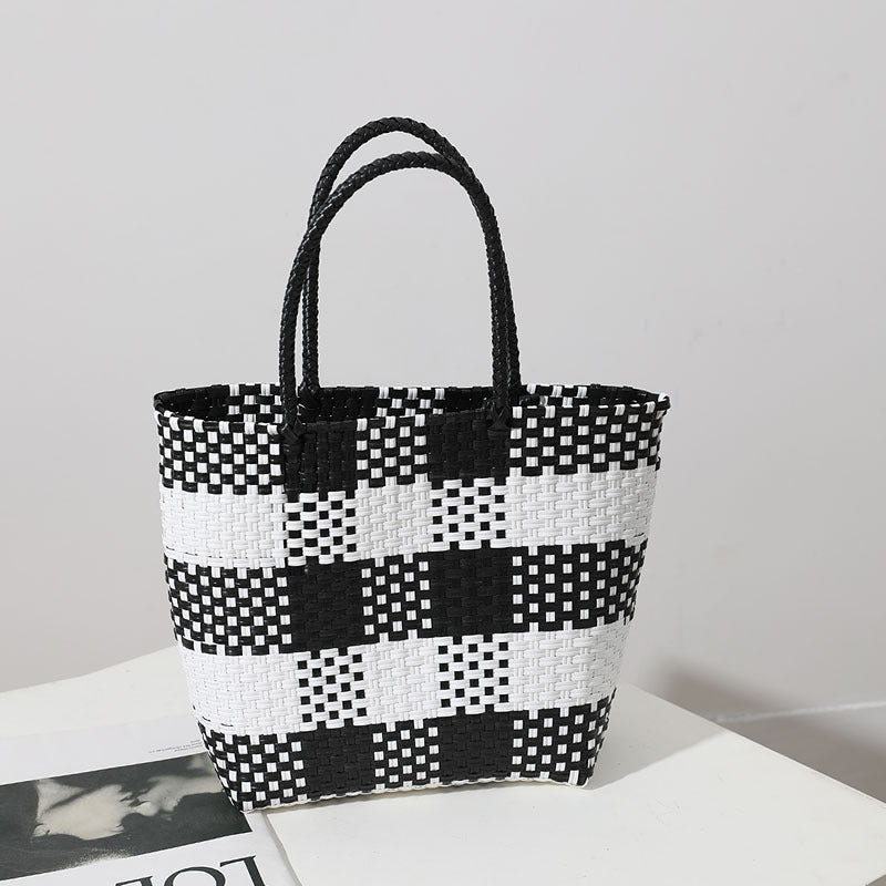 Handmade basket bag in modern check pattern LoungeYard — product view 7