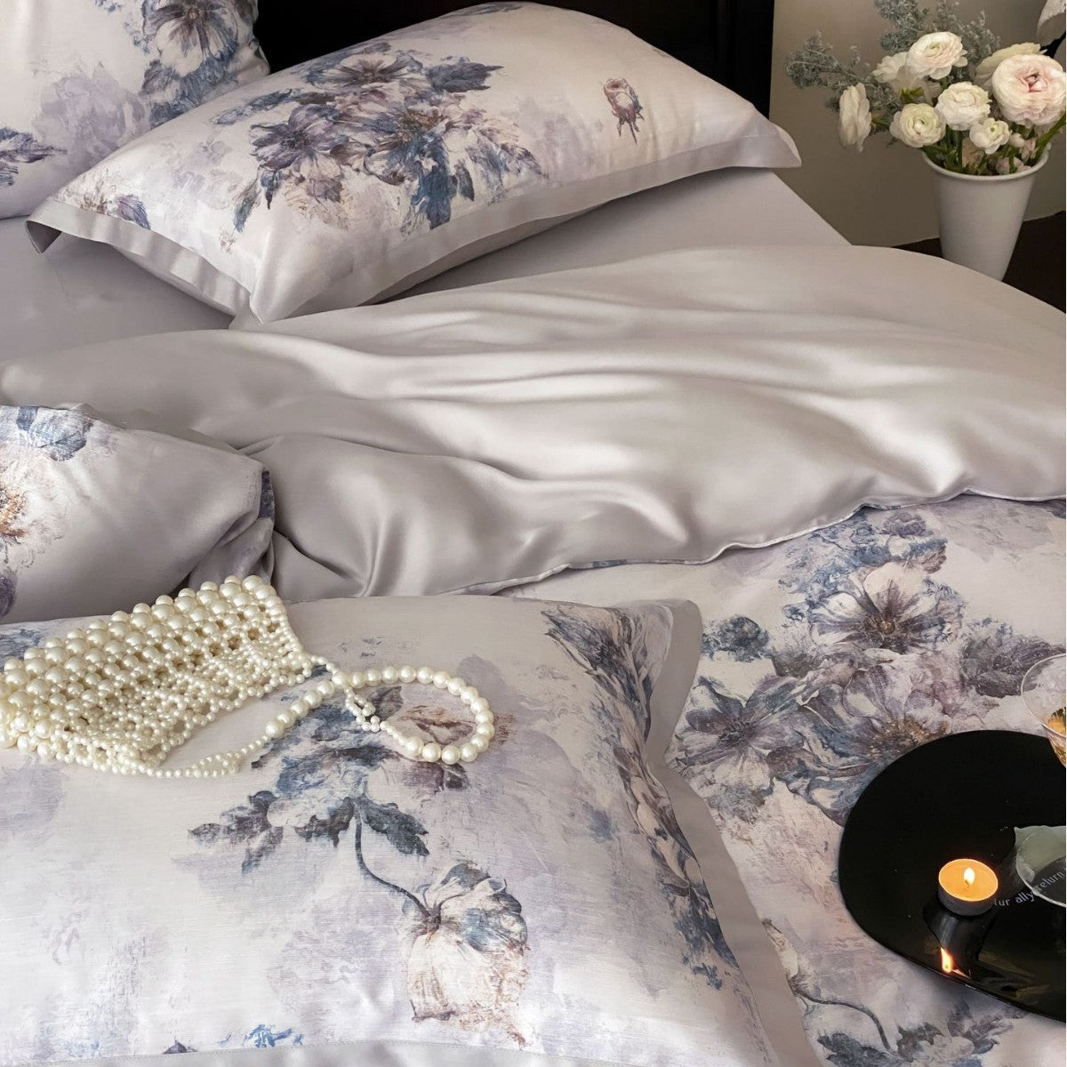 Luxurious satin bedding with floral watercolor print — product view 3