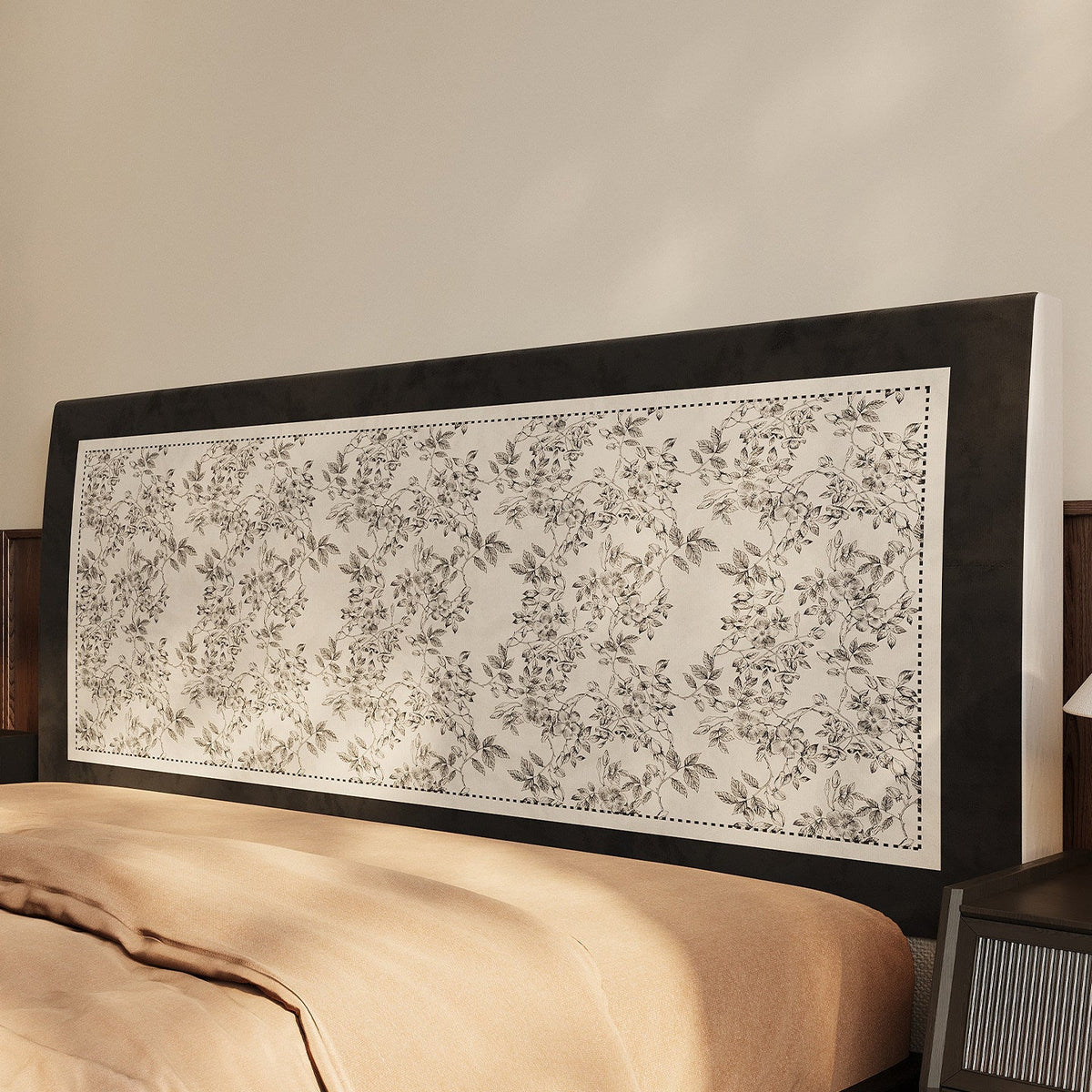 Removable Quilted Upholstered Headboard Slipcover with Framed Toile Floral Panel — product view 4