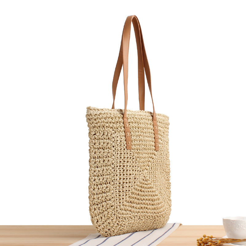Natural bast shoulder bag with leather handles LoungeYard — product view 2