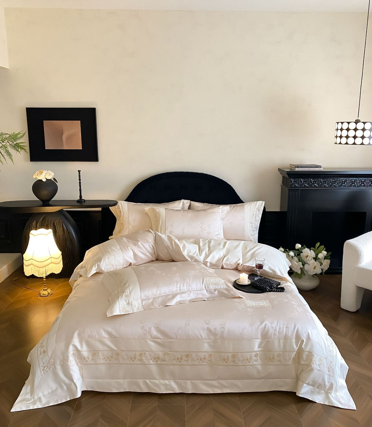 Finest satin bed linen set with delicate jacquard floral trim and pleated finish LoungeYard — product view 7