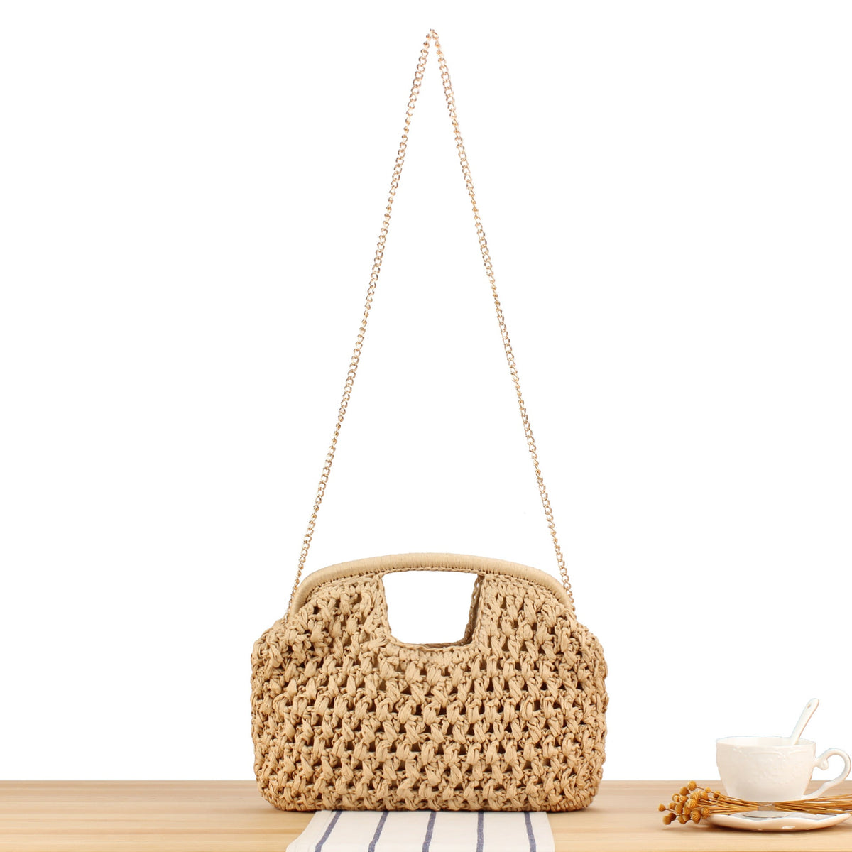Fine straw shoulder bag with elegant chain accents LoungeYard — product view 6
