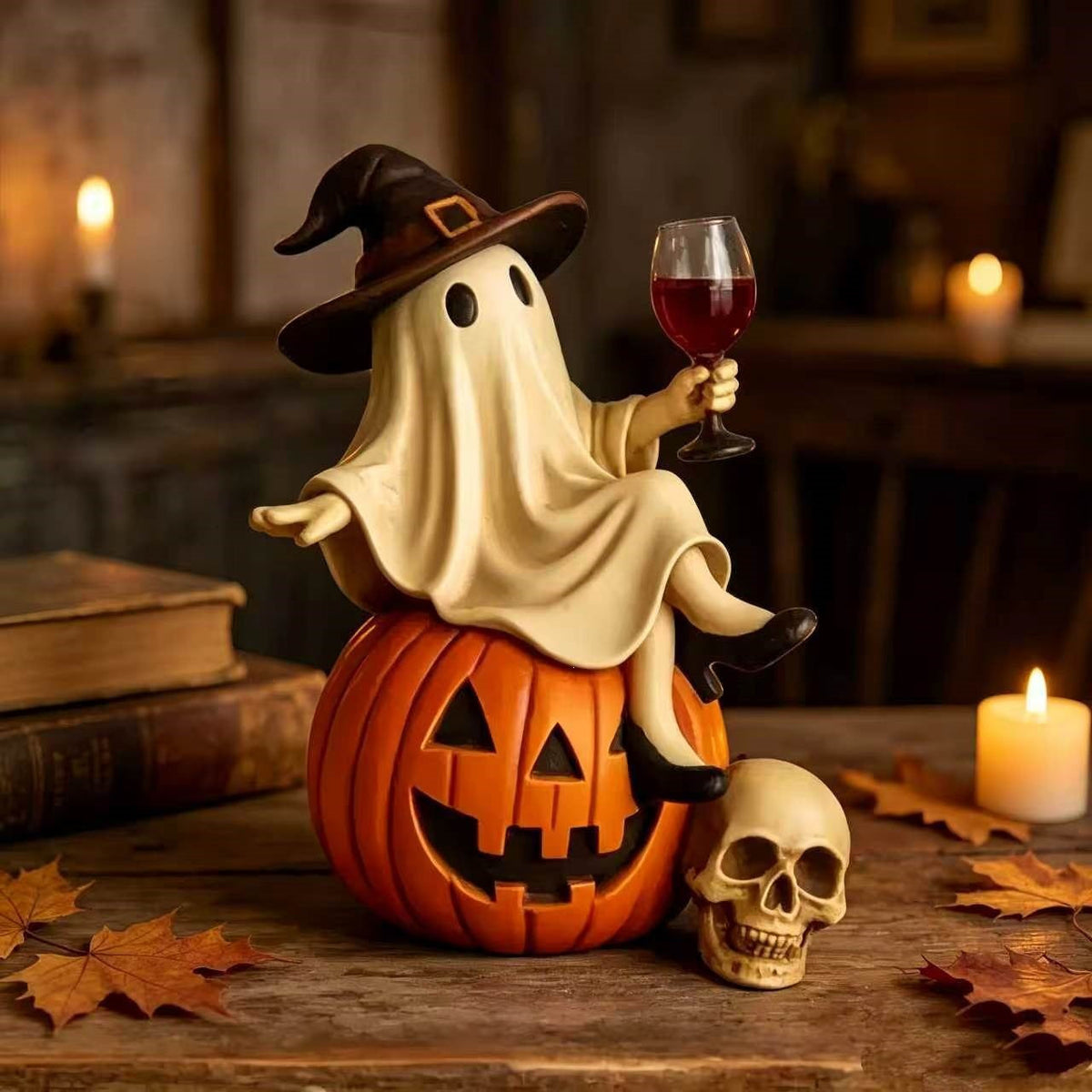 Whimsical Ghost Figurine with Pumpkin Base Bowlift — product view 5