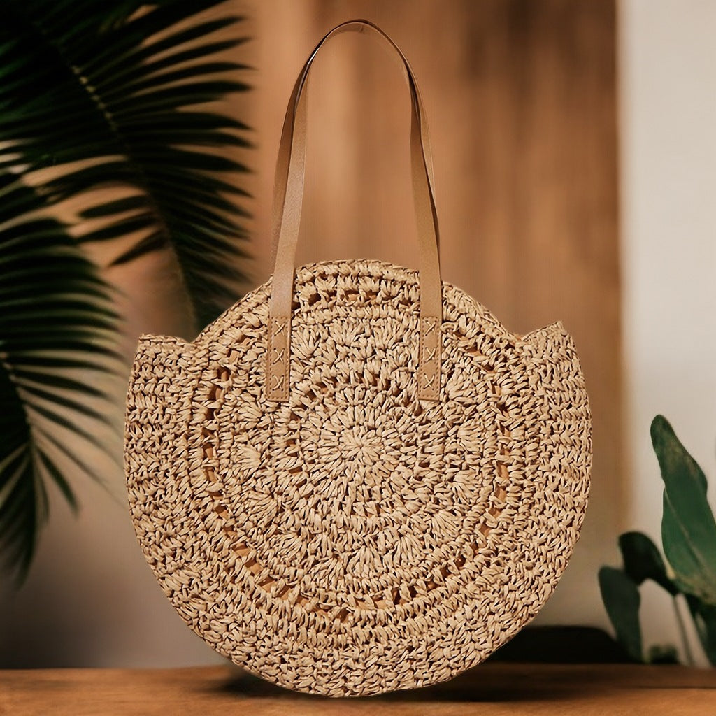 Handcrafted Round Straw Bag with Elegant Leather Handles LoungeYard — product view 2