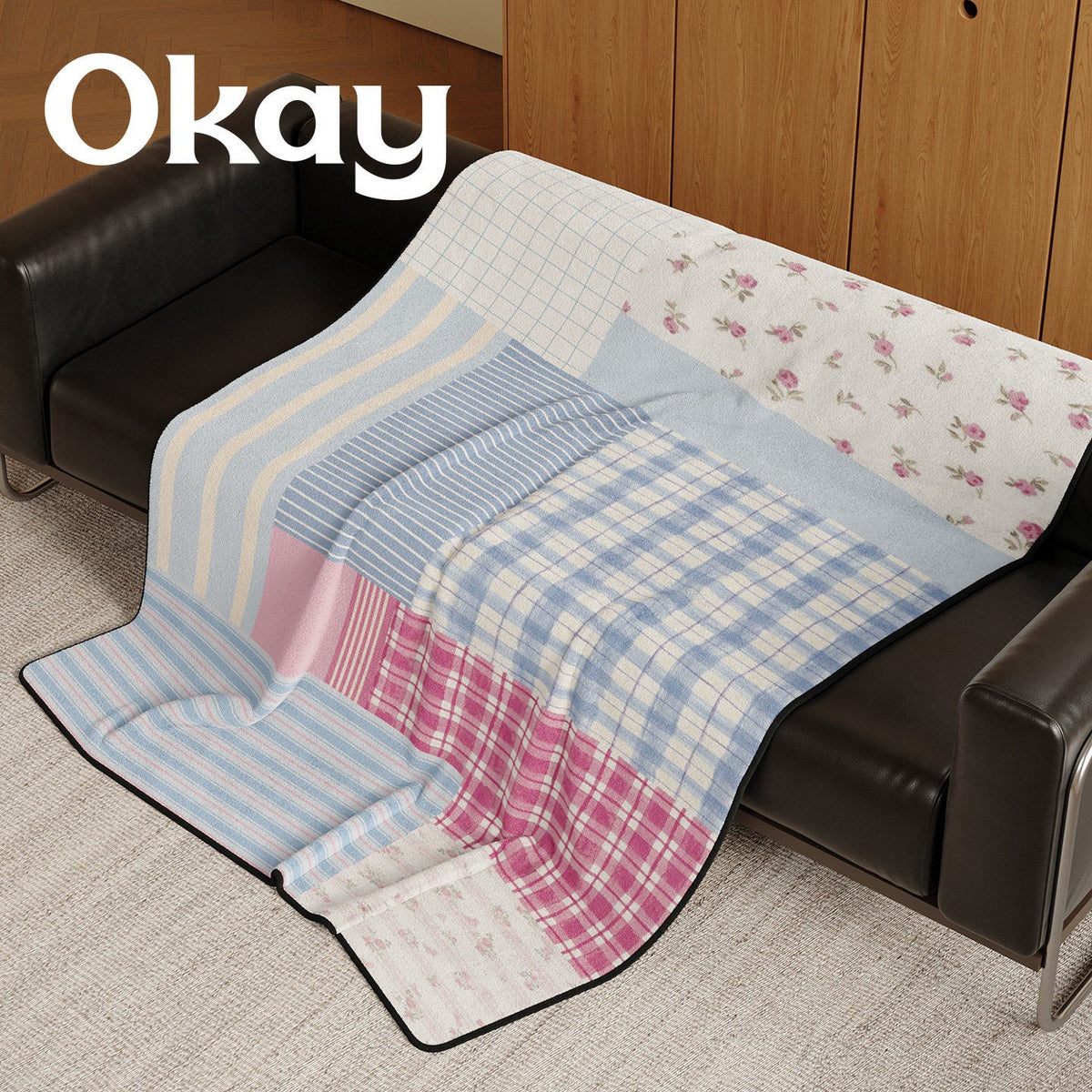 Reversible Patchwork Plush Throw Blanket with Mixed Plaid Stripes and Floral Panels — product view 3