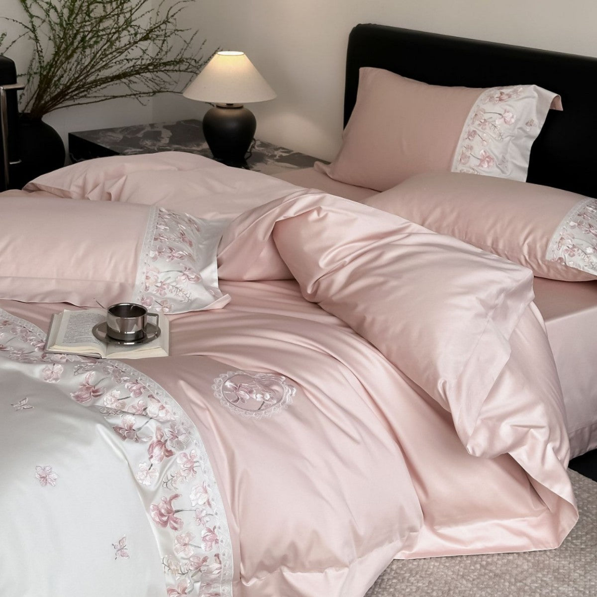 Luxurious satin bedding set with floral stitched border — product view 3