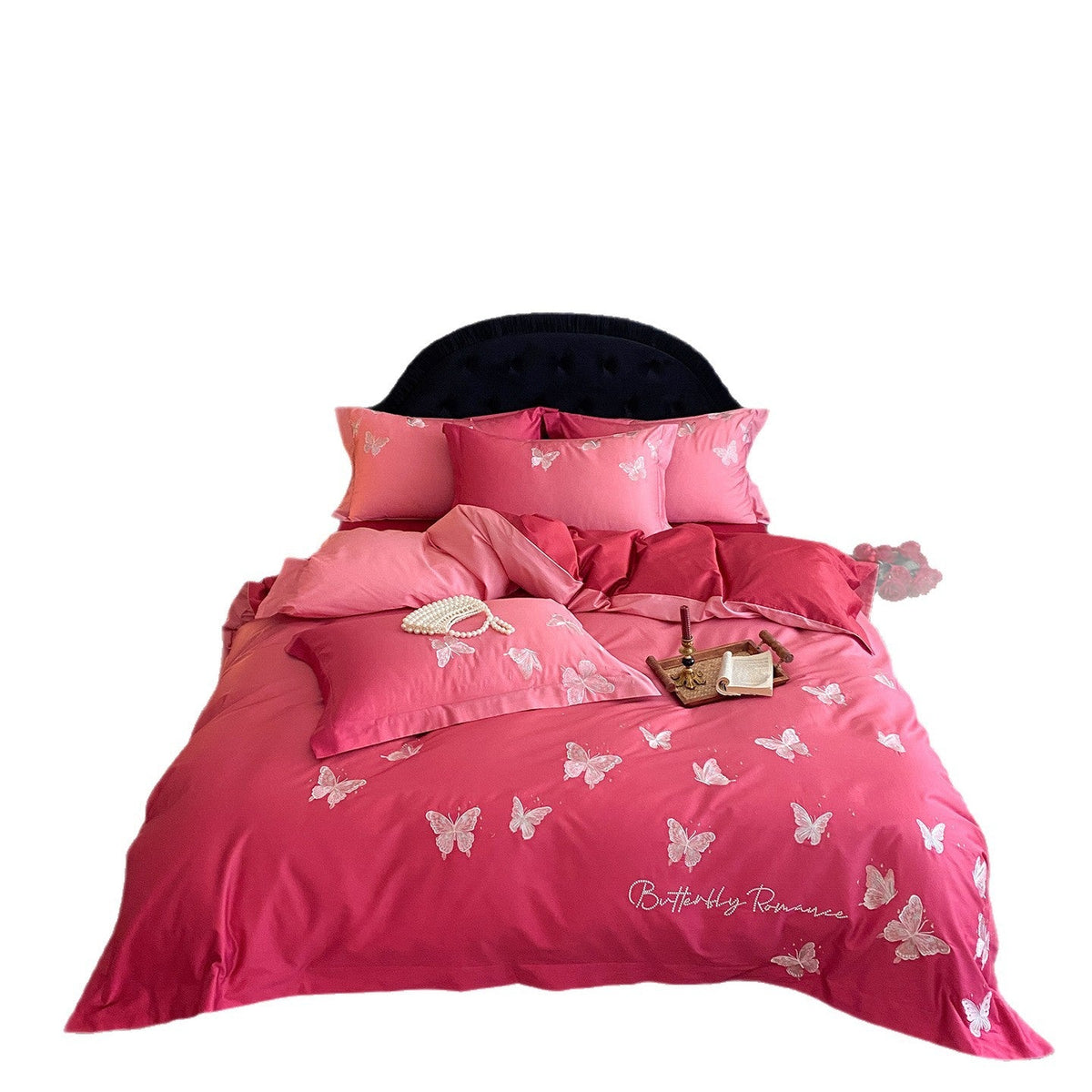 Luxury satin bedding set with embroidered butterfly appliqués LoungeYard — product view 5