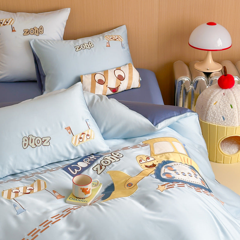 Children's bedding set with embroidered digger and construction site application made of fine cotton satin LoungeYard — product view 4