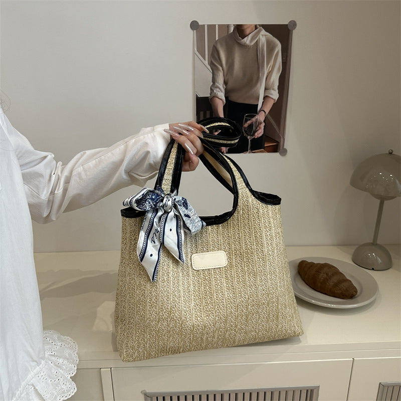 Textured Weave Tote Bag with Elegant Bow LoungeYard — product view 3