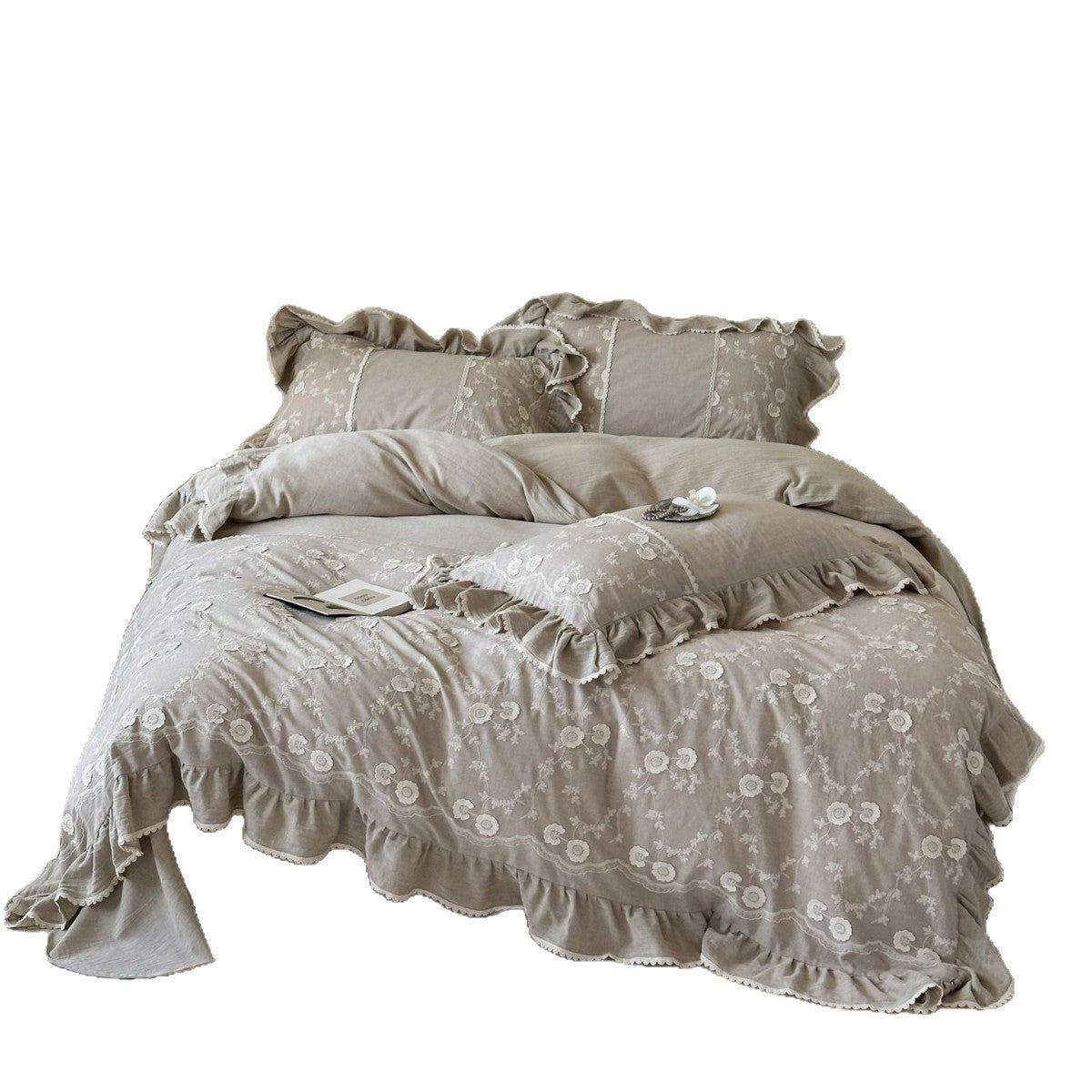 Linen bedding set with floral embroidery, ruffle and bed skirt — product view 4